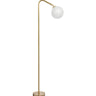 Oscar floor lamp in satin brass with an opal glass globe on a bent arm, studio view