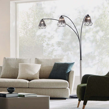 Nova of California Polygon 3 Light Arc Floor Lamp 88 Brushed Nickel Matte Black Hand Knotted String Shade