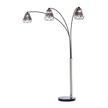 Nova of California Polygon 3 Light Arc Floor Lamp 88 Brushed Nickel Matte Black Hand Knotted String Shade