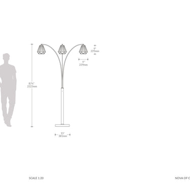 Nova of California Polygon 3 Light Arc Floor Lamp 88 Brushed Nickel Matte Black Hand Knotted String Shade