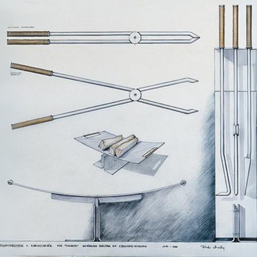 Conmoto Peter Maly Fireside Tools with Floor Stand, designer drawing of the poker, tongs and shovel