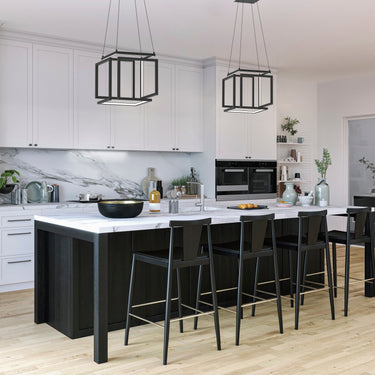 ET2 Penrose black open-cornered cube pendants hanging over a kitchen island with black bar stools