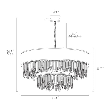 Art Deco chandelier with 15 lights glowing, creating warm ambiance