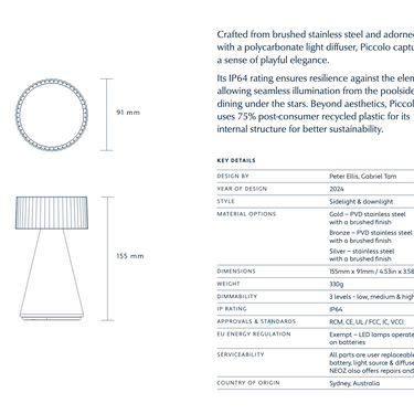 Neoz Piccolo silver finish, IP64 rated cordless lamp, patio decorative light, modern design.