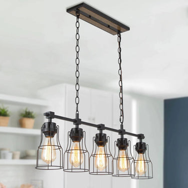 Modern 32-inch black linear chandelier lighting fixture for kitchen and dining area.