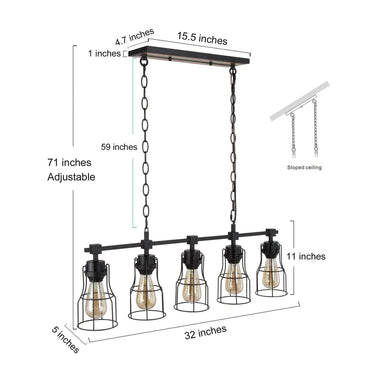 Farmhouse 5-bulb rectangular black chandelier for modern dining and office interiors - dimensions.