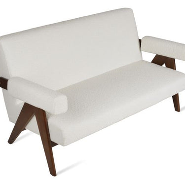 Pierre J compact modern sofa in boucle fabric with wood frame for living room or office seating