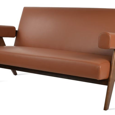 Contemporary Pierre J sofa with hazelnut leatherette upholstery and walnut finish wood frame