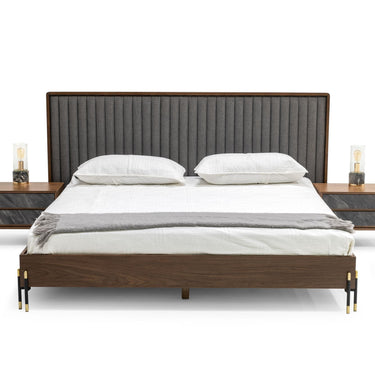 Nova Domus Metcalf Queen Bed in Light Walnut with Grey Fabric Headboard and Two Nightstands