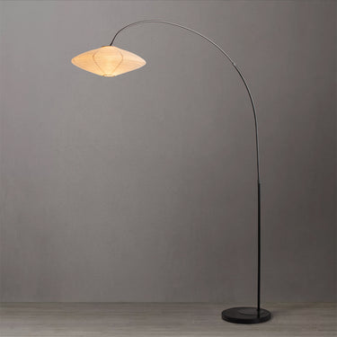 Nova of California Roswell Arc Floor Lamp Matte Black White Linen Shade Black