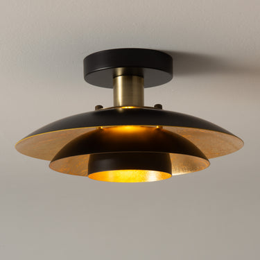Nova of California Rancho Mirage Flush Mount Ceiling Light Matte Black Gold Leaf Shade Weathered Brass