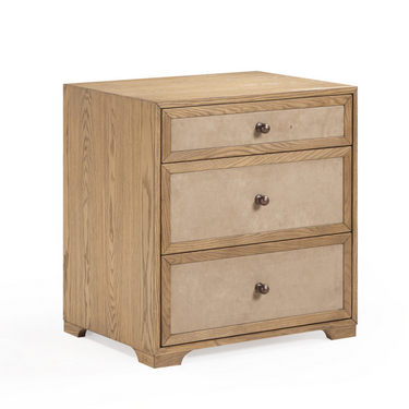 TOV Laurentis 23.5" Light Taupe Suede and Wood 3-Drawer Nightstand Natural