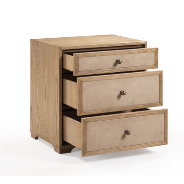 TOV Laurentis 23.5" Light Taupe Suede and Wood 3-Drawer Nightstand Natural
