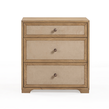 TOV Laurentis 23.5" Light Taupe Suede and Wood 3-Drawer Nightstand Natural