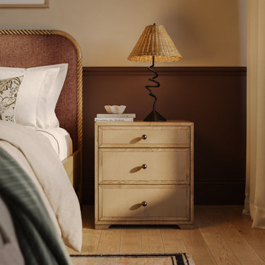 TOV Laurentis 23.5" Light Taupe Suede and Wood 3-Drawer Nightstand Natural