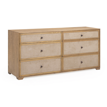 TOV Laurentis 64" Light Taupe Suede and Wood 6-Drawer Dresser Natural