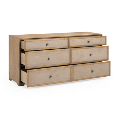 TOV Laurentis 64" Light Taupe Suede and Wood 6-Drawer Dresser Natural