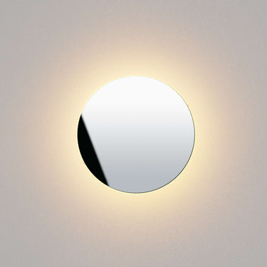 Wet-rated outdoor LED wall sconce, 9-inch or 12-inch diameter, for patios and front entrances with chrome finish.