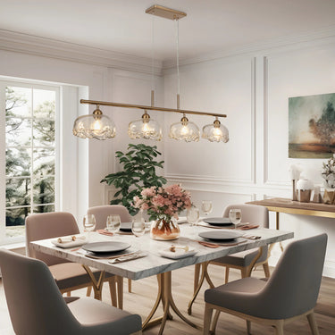 Modern Brass Island Light for Dining Room or Kitchen, 4 Elegant Lights, Linear Pendant