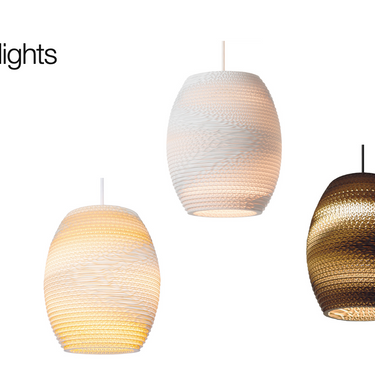Graypants Oliv Scraplights pendant casting ambient glow - unique recycled cardboard fixture, Natural, Blonde and White finish
