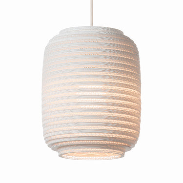 Ausi pendant light close-up showing recycled cardboard texture, white finish.