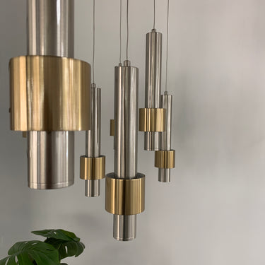 ET2 Reveal satin nickel and brass tube pendants, close view of the bands