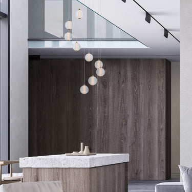 ET2 Rhythm ribbed glass globe pendant installed in a room