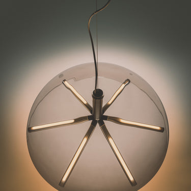Runa suspension by Penta, tall hanging view, switched on