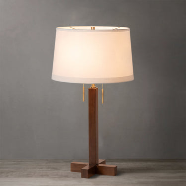 Nova of California Swiss Cross Table Lamp Dark Walnut Wood Weathered Brass White Linen Shade