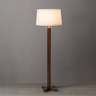 Nova of California Swiss Cross Floor Lamp Dark Walnut Wood Weathered Brass White Linen Shade