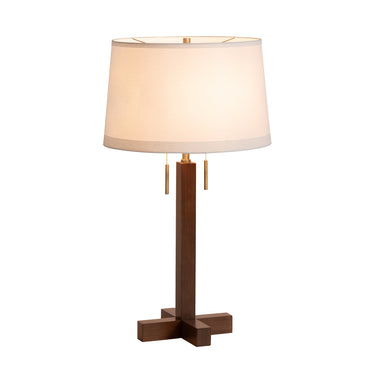 Nova of California Swiss Cross Table Lamp Dark Walnut Wood Weathered Brass White Linen Shade