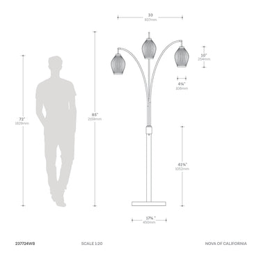 Nova of California Santa Clara Bone Porcelain 3 Light Arc Floor Lamp 85 Weathered Brass Walnut