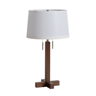 Nova of California Swiss Cross Table Lamp Dark Walnut Wood Weathered Brass White Linen Shade