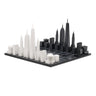 Acrylic New York architecture chess pieces by Skyline Chess on the wood map board