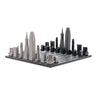 Stainless Steel San Francisco architecture chess pieces by Skyline Chess on the wood map board