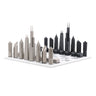 Stainless Steel Chicago architecture chess pieces by Skyline Chess on the carrara marble board