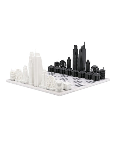 Acrylic Los Angeles architecture chess pieces by Skyline Chess on the marble hatch board