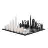 Acrylic London vs New York architecture chess pieces by Skyline Chess on the black & white hatch board