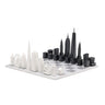 Acrylic London vs New York architecture chess pieces by Skyline Chess on the marble hatch board
