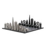 Stainless Steel London architecture chess pieces by Skyline Chess on the wood map board