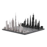 Stainless Steel World Icons architecture chess pieces by Skyline Chess on the wooden grid board