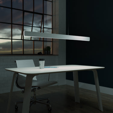 Sleek minimalist Koncept Silver Sub 48 linear LED pendant fixture for modern interiors. 