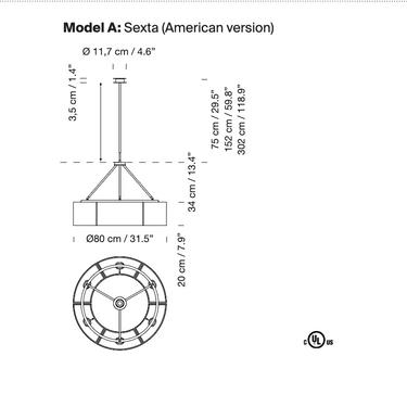 Santa & Cole Sexta Pendant Light line drawing showing circular pendant dimensions and suspension configuration