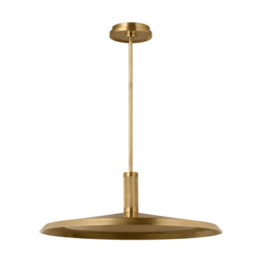 Hand rubbed antique brass Saucer Direct 24 LED ceiling pendant providing warm ambient lighting