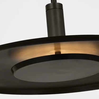 Visual Comfort & Co. Saucer Large Bronze and Steel Pendant light with a high-efficiency 2700K integrated LED lamp.