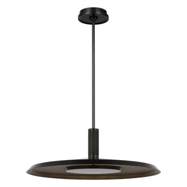 Contemporary Saucer XL LED hanging light with 2700K warm glow above office desk