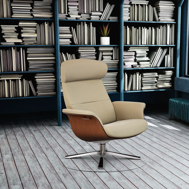 Modern ergonomic recliner with laminated beech frame and walnut base for living room or bedroom seating