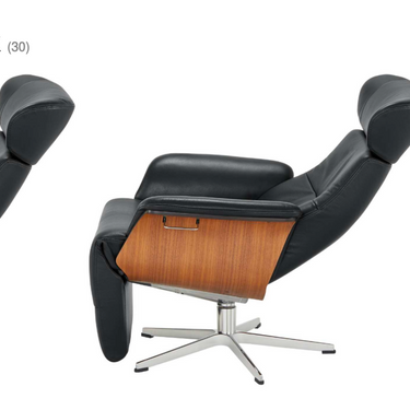 Luxury black leather swivel recliner with walnut legs and footstool by Conform Sweden