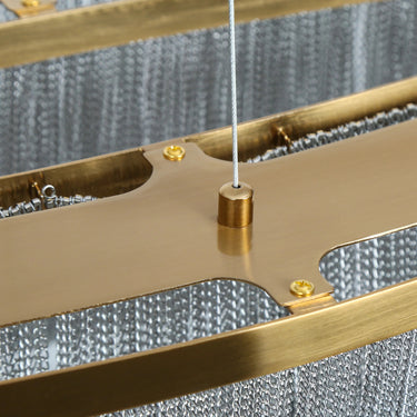 Close-up of cascading metal rods on Shoebill Rainfall Chandelier