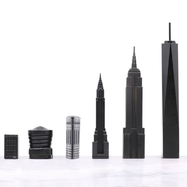 Skyline Chess Set Stainless Steel New York Edition with Wood Map Board